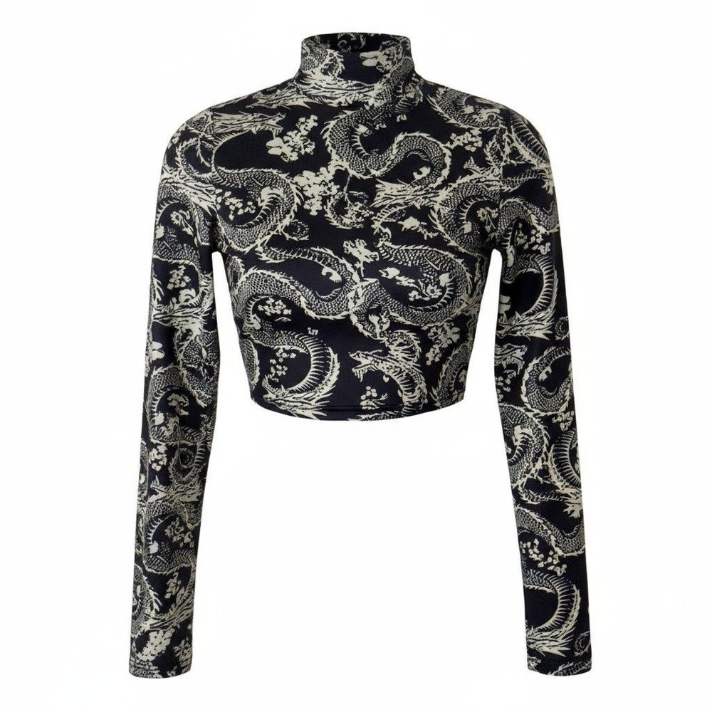 XS Black Dragon Print‎ Mock Neck Long Sleeve Crop Top Stretch Asian 90's Y2k